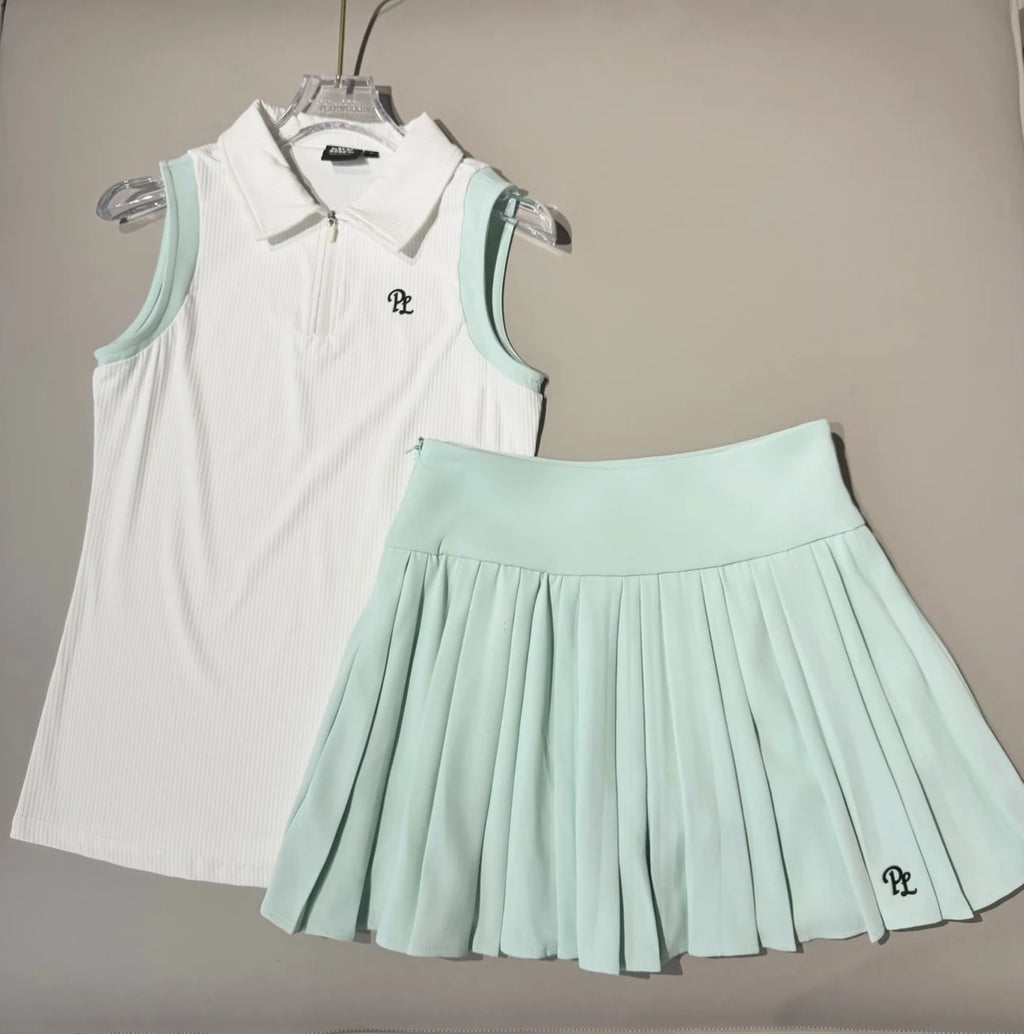 New Summer Golf Clothing Women's Sleeveless T-shirt Half-zip Lapel Tops Quick-drying Breathable Golf Skirt Set Tennis Wear