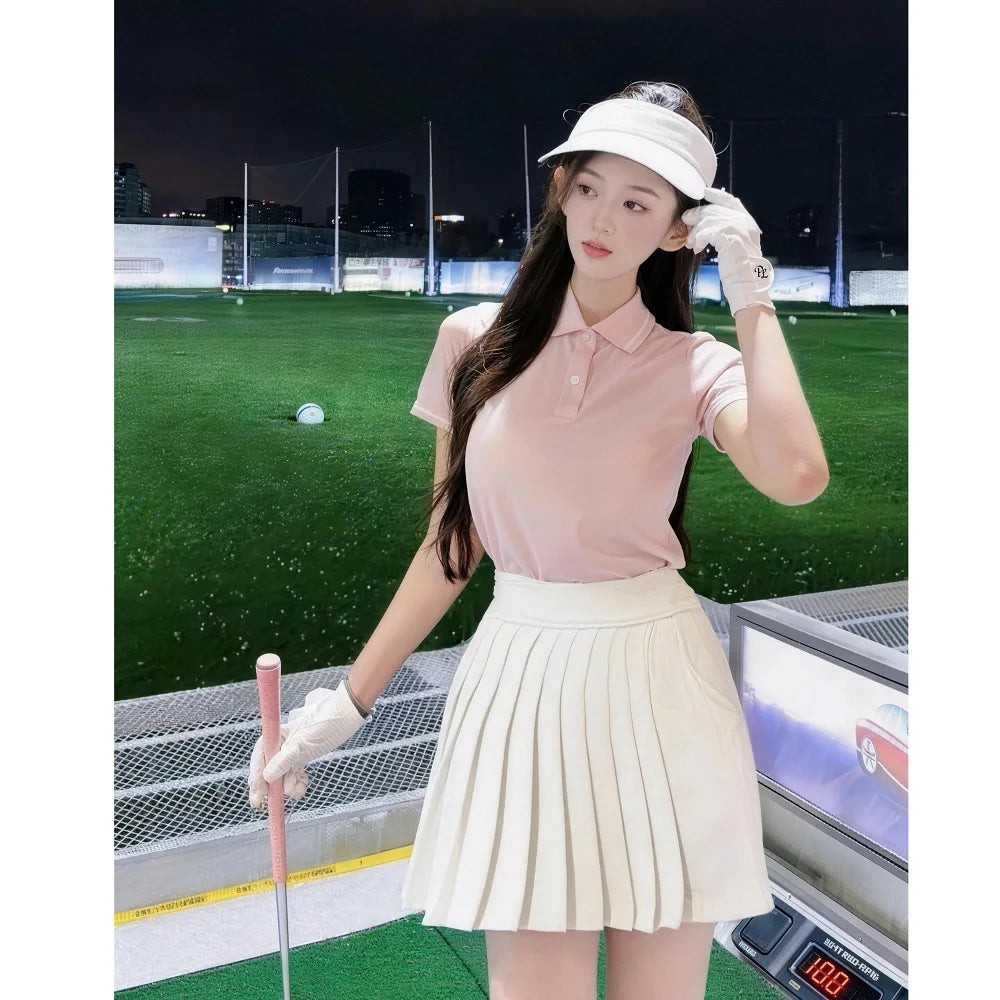 PL Summer Golf Clothing Women Short Sleeve Polo Shirt Elastic Pleated Golf Skirt Breathable Leisure Sports Tops Tennis Skort
