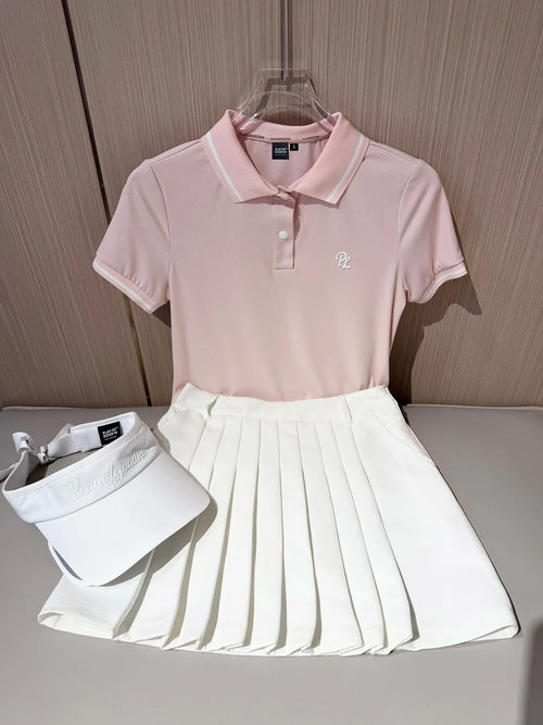 PL Summer Golf Clothing Women Short Sleeve Polo Shirt Elastic Pleated Golf Skirt Breathable Leisure Sports Tops Tennis Skort