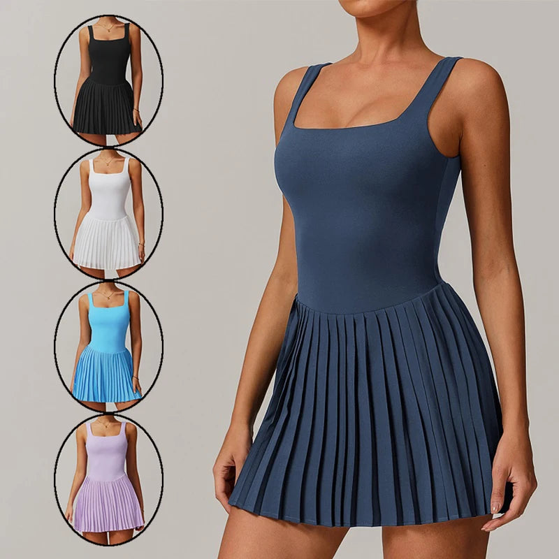 Women Sport Tennis Golf Dresses with Shorts Sexy Backless Sleeveless Dress Lady Workout Pickleball Skirts Badminton Outfit