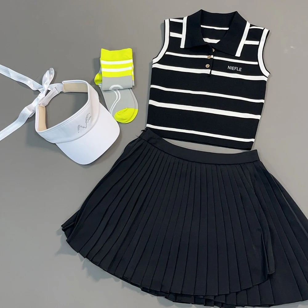 Summer Sleeveless Knitted Fashionable Sports Casual Outdoor Tennis Suit, High-quality Golf Breathable Sweat Wicking Set Skirt