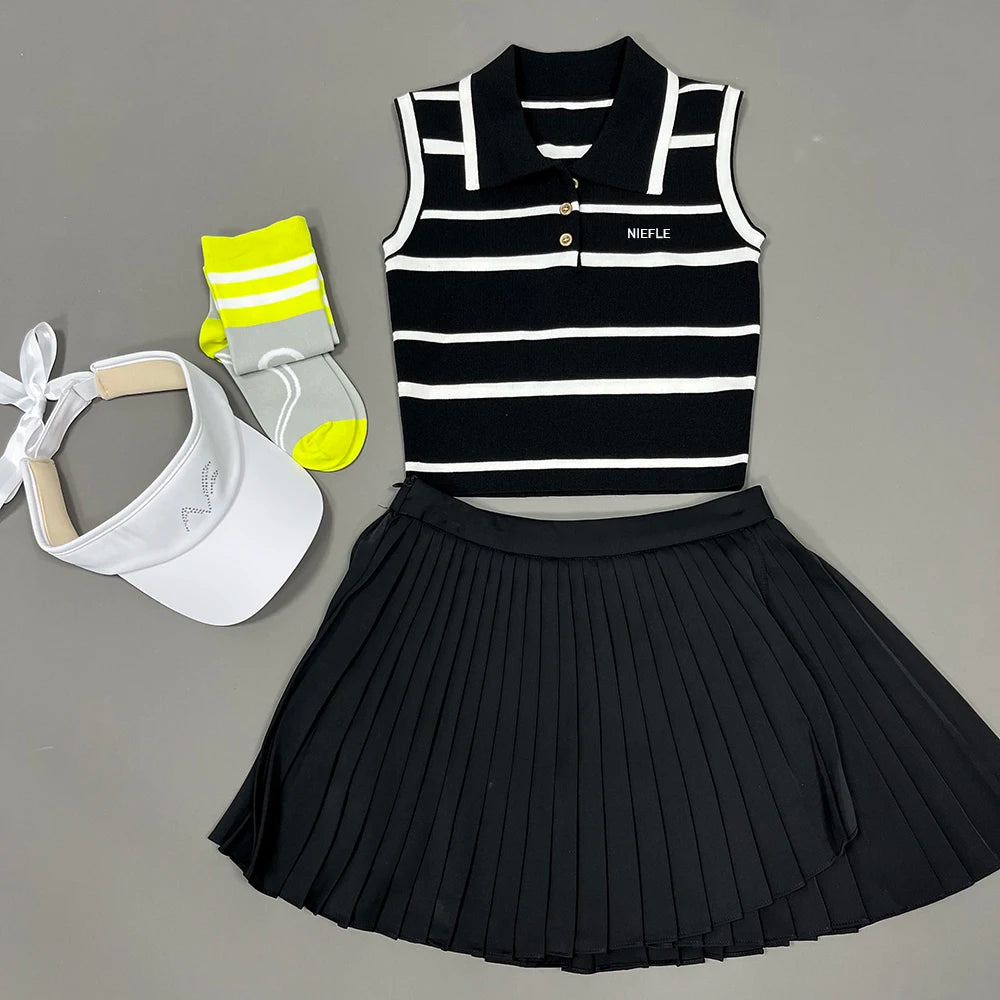 Summer Sleeveless Knitted Fashionable Sports Casual Outdoor Tennis Suit, High-quality Golf Breathable Sweat Wicking Set Skirt