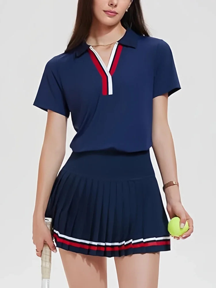 VITALINOVO Women 2 Pieces Athletic Skirt Set Outfits V Neck Polo Shirts High Waisted Pleated Tennis Skirts Golf Pickball Dress