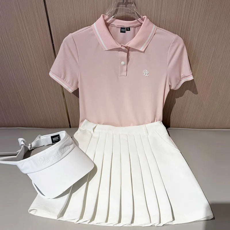 PL Summer Golf Clothing Women Short Sleeve Polo Shirt Elastic Pleated Golf Skirt Breathable Leisure Sports Tops Tennis Skort