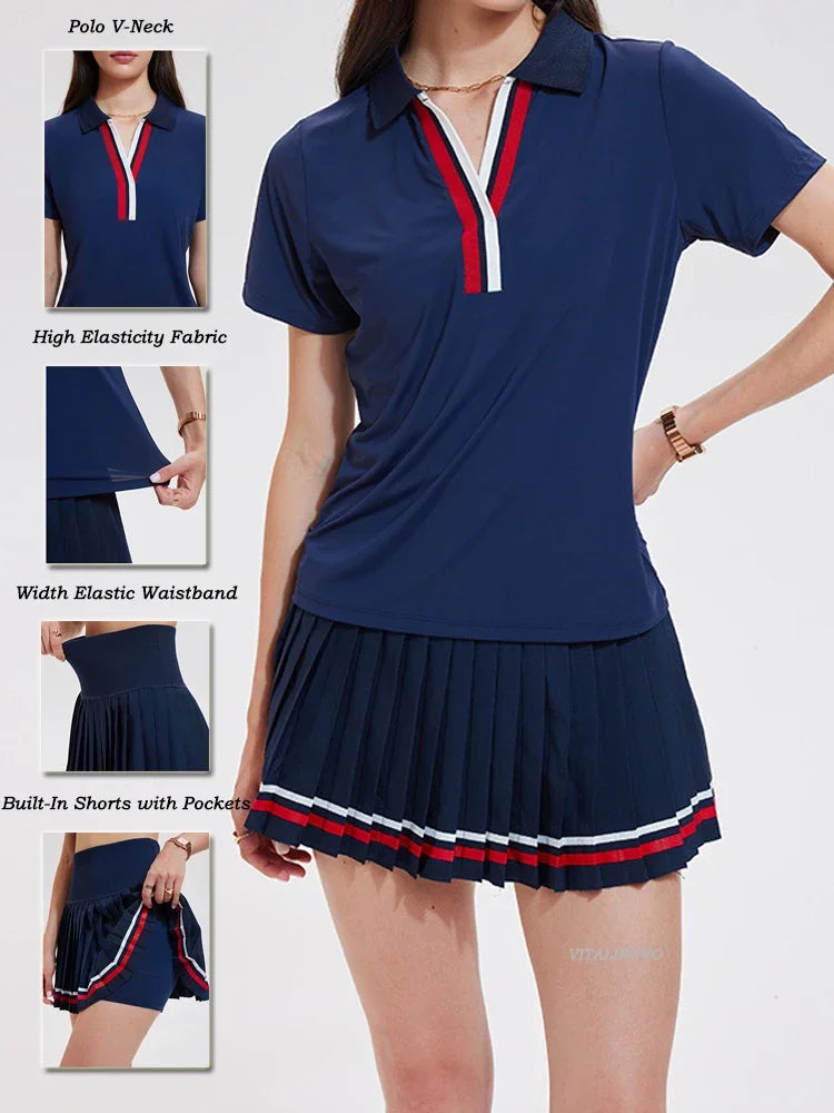 VITALINOVO Women 2 Pieces Athletic Skirt Set Outfits V Neck Polo Shirts High Waisted Pleated Tennis Skirts Golf Pickball Dress