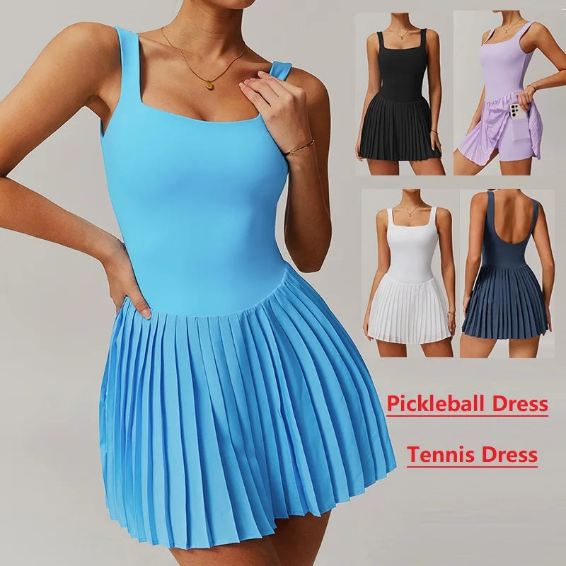 Women Sport Tennis Golf Dresses with Shorts Sexy Backless Sleeveless Dress Lady Workout Pickleball Skirts Badminton Outfit