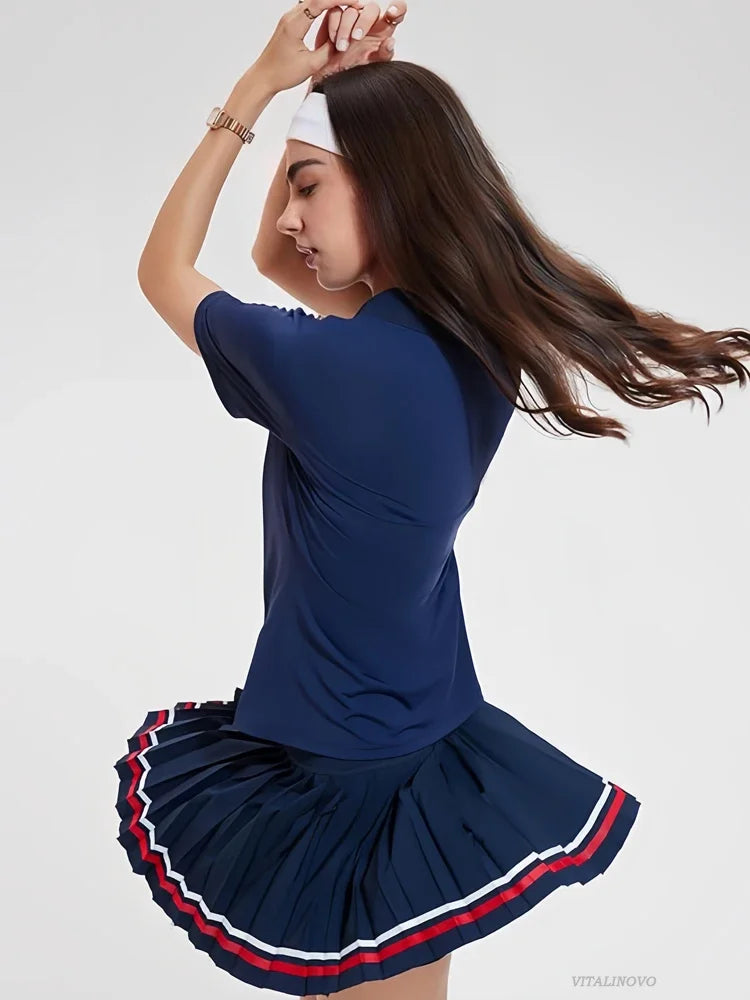 VITALINOVO Women 2 Pieces Athletic Skirt Set Outfits V Neck Polo Shirts High Waisted Pleated Tennis Skirts Golf Pickball Dress